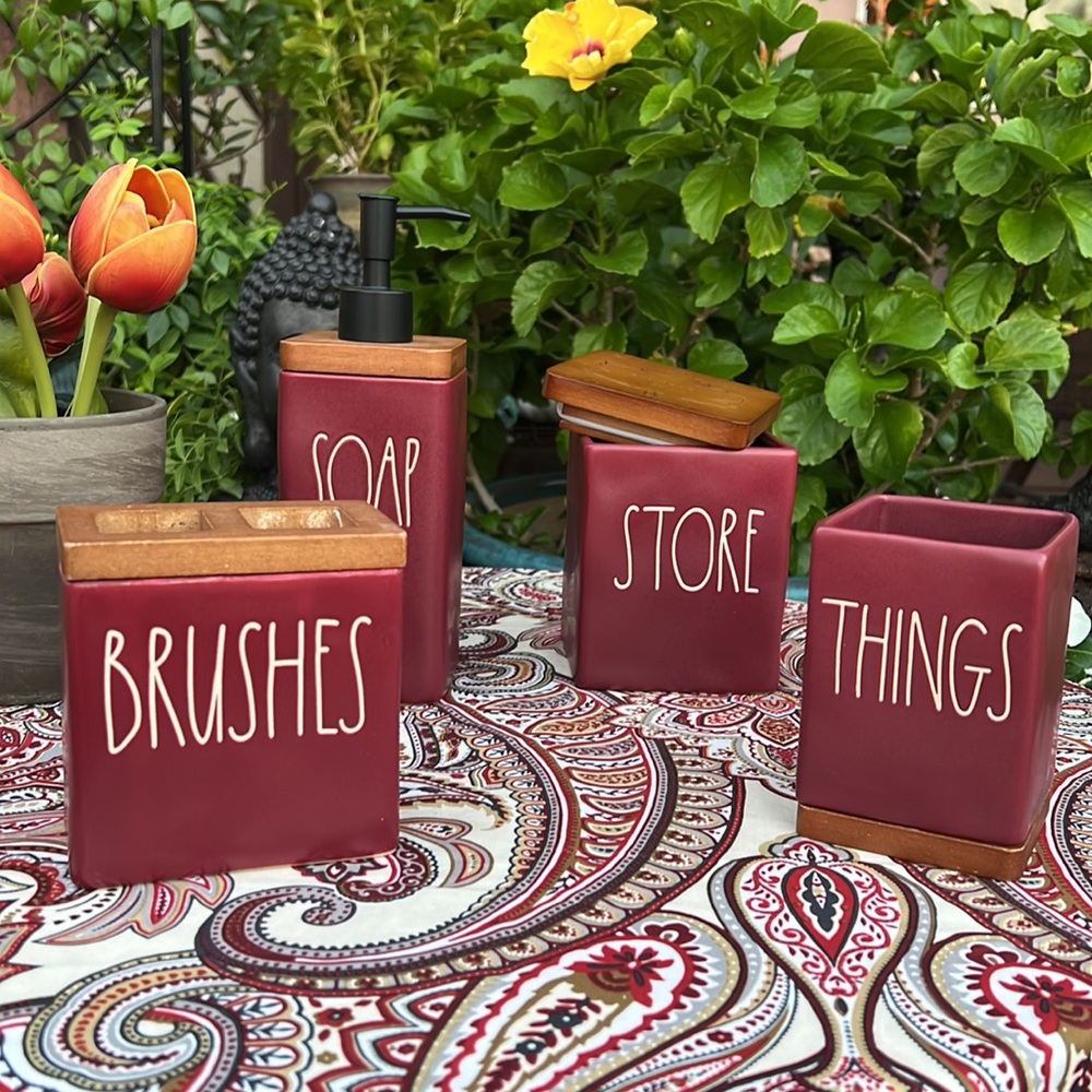 New Rae Dunn Burgundy Bathroom Toiletries 4 Piece Accessories Set